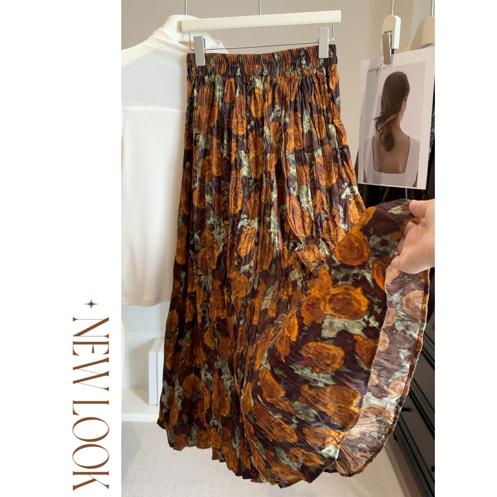 復古印花 高腰褶皺A字大擺半身裙  | kukuta-細節圖3