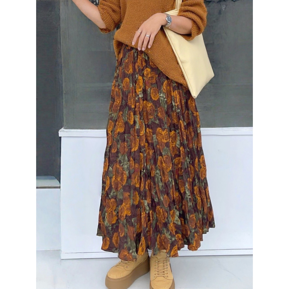 復古印花 高腰褶皺A字大擺半身裙  | kukuta-細節圖4