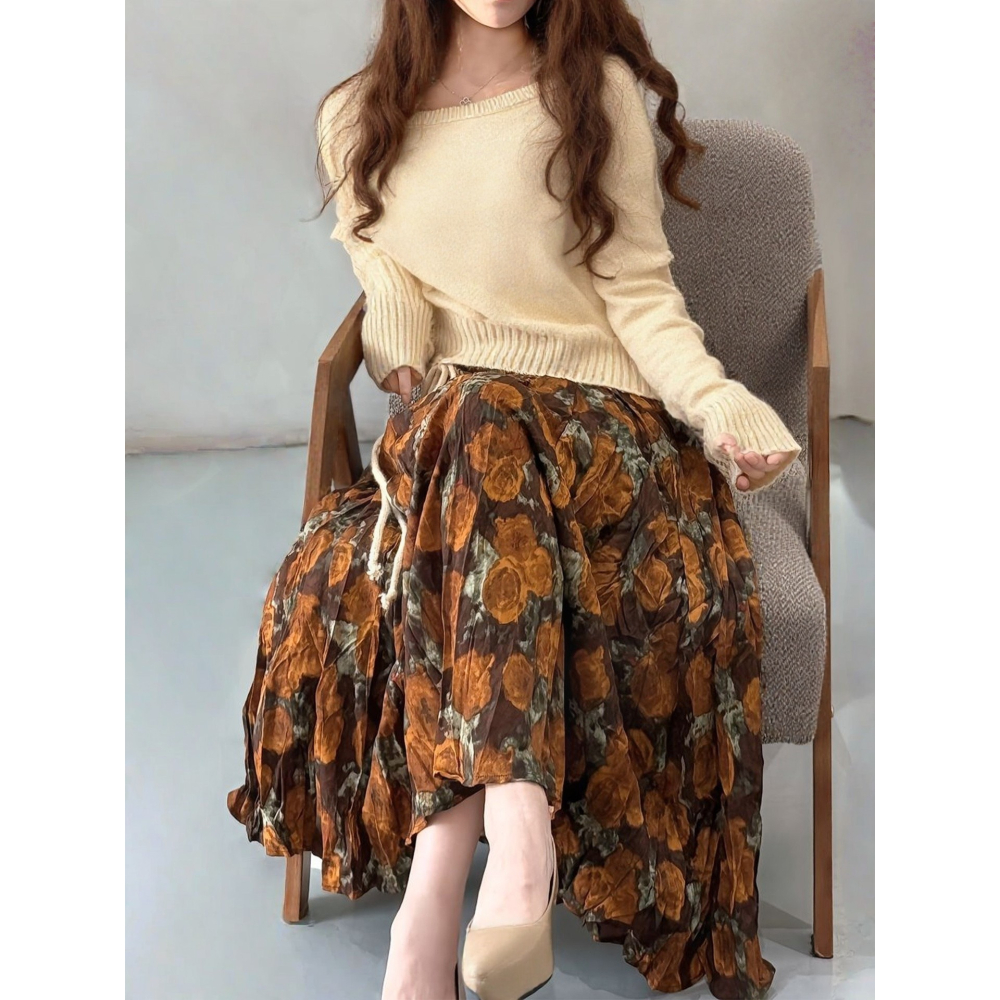 復古印花 高腰褶皺A字大擺半身裙  | kukuta-細節圖5