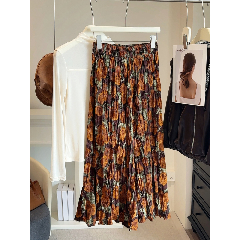 復古印花 高腰褶皺A字大擺半身裙  | kukuta-細節圖6