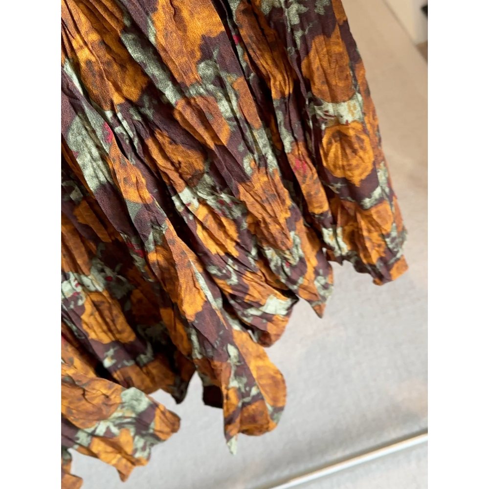 復古印花 高腰褶皺A字大擺半身裙  | kukuta-細節圖7