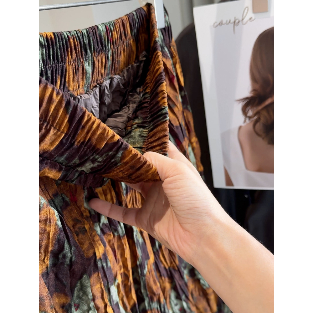 復古印花 高腰褶皺A字大擺半身裙  | kukuta-細節圖8