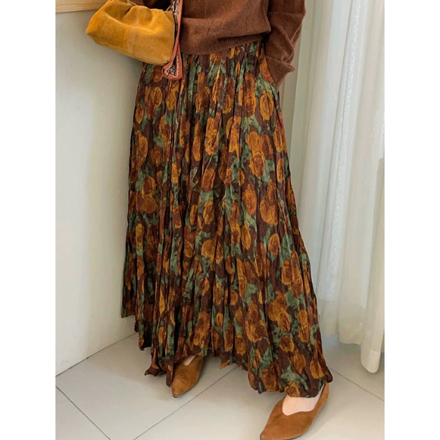 復古印花 高腰褶皺A字大擺半身裙  | kukuta-細節圖9