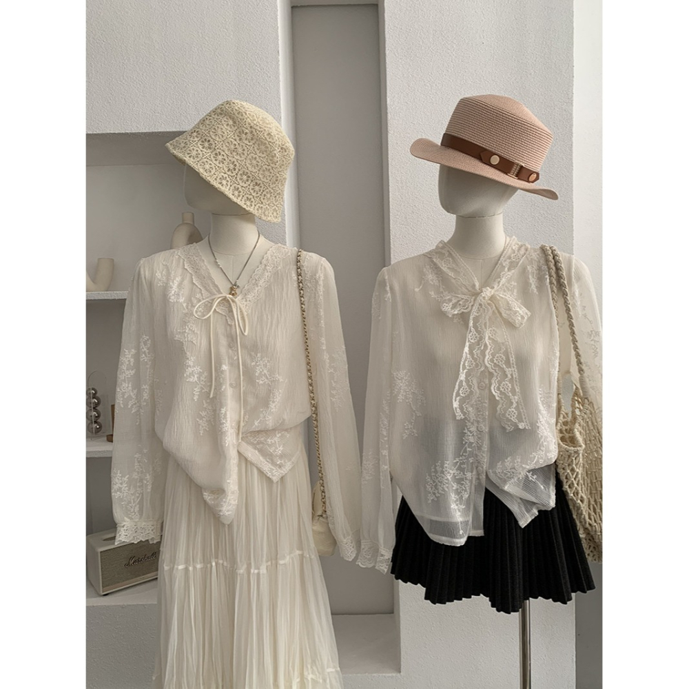 氣質百搭 V領蕾絲刺繡綁帶長袖上衣 *2色 | kukuta-細節圖9