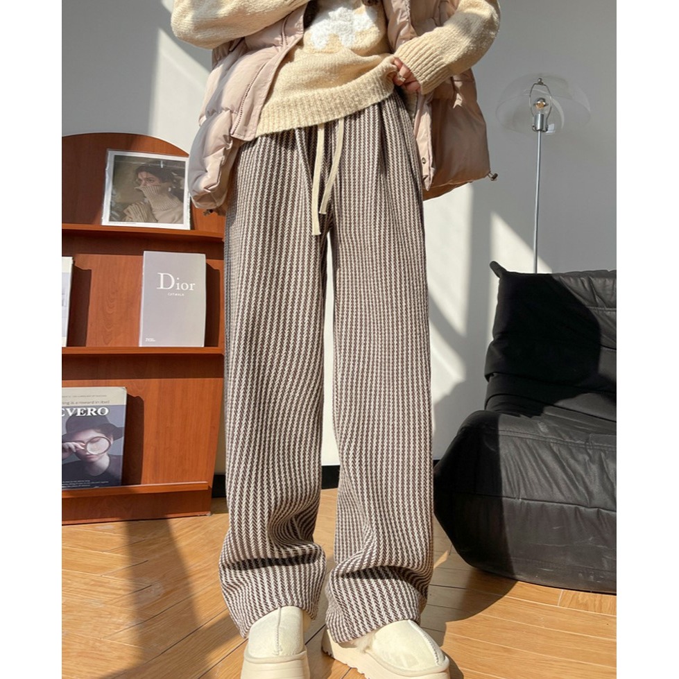 毛呢加絨 慵懶垂感豎條長褲 *2色 (M-XL) | kukuta-細節圖3