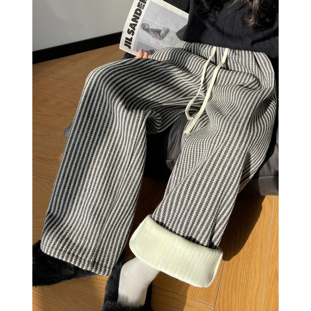 毛呢加絨 慵懶垂感豎條長褲 *2色 (M-XL) | kukuta-細節圖4