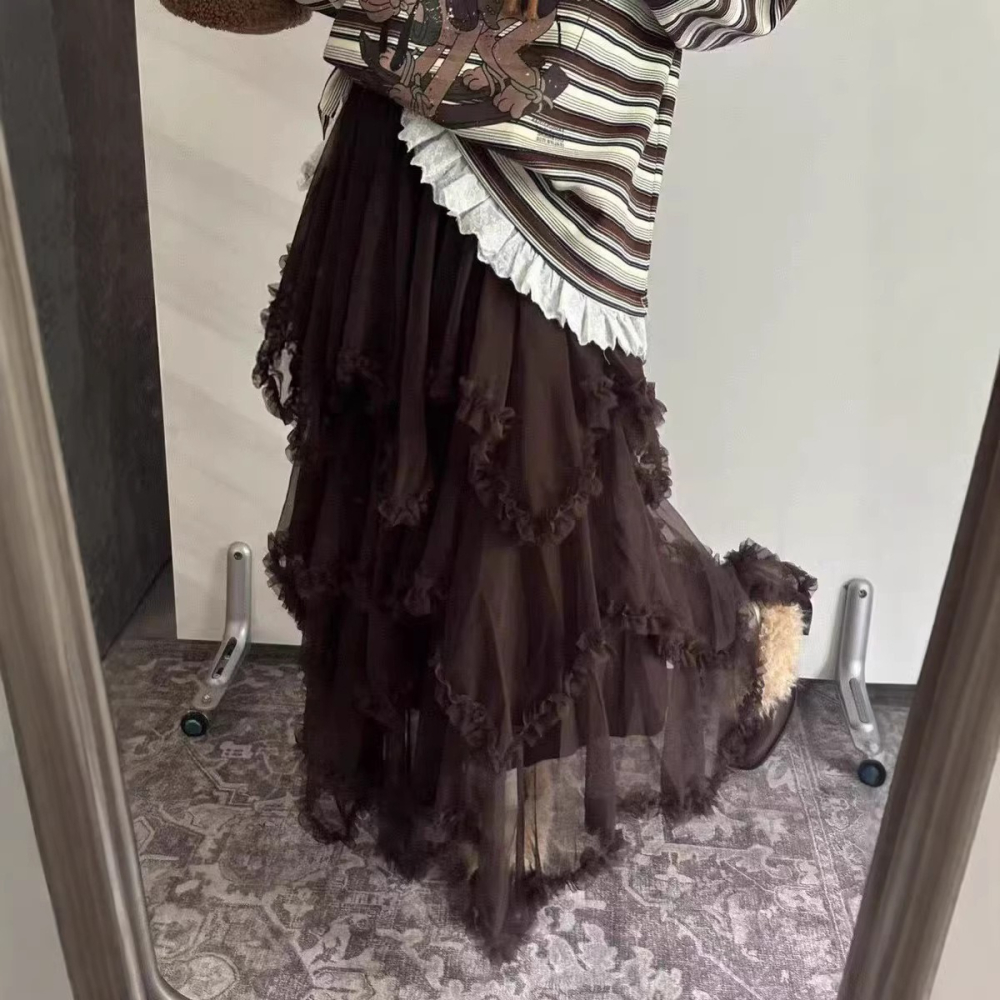 仙氣爆棚！韓系網紗仙女裙✨不規則木耳邊拼接 高腰顯瘦氣質半身裙 *3色 | kukuta-細節圖2