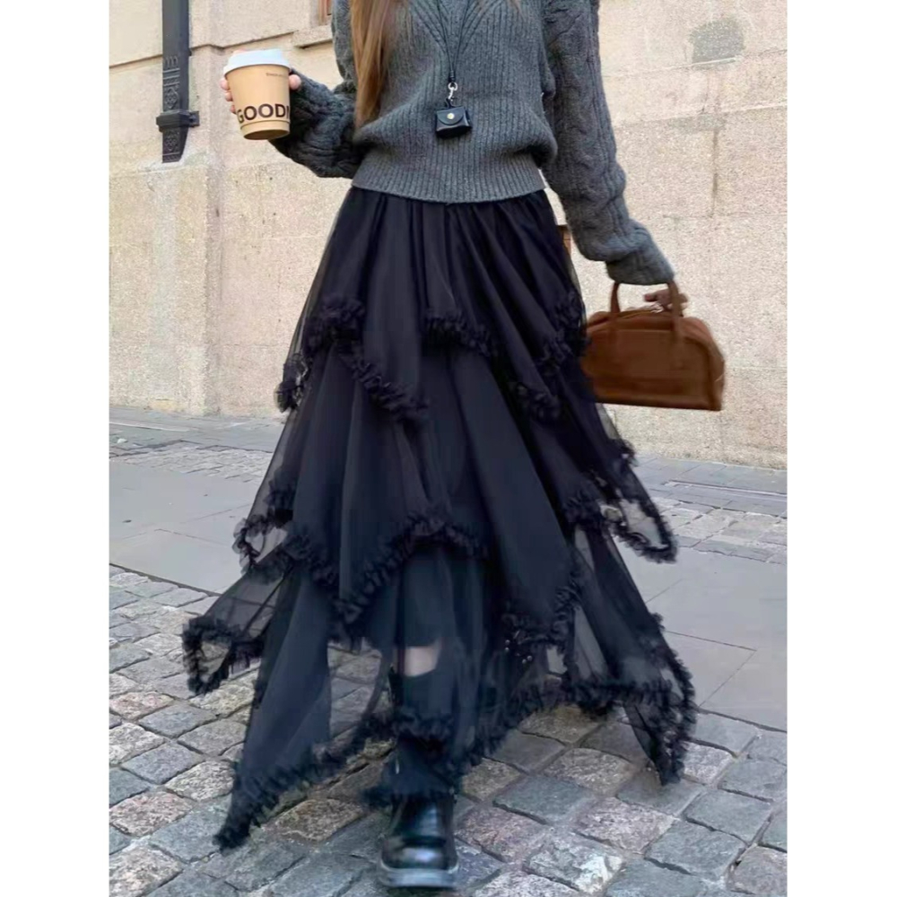 仙氣爆棚！韓系網紗仙女裙✨不規則木耳邊拼接 高腰顯瘦氣質半身裙 *3色 | kukuta-細節圖3