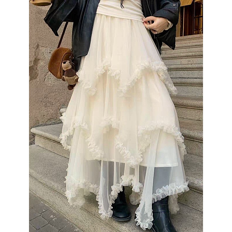 仙氣爆棚！韓系網紗仙女裙✨不規則木耳邊拼接 高腰顯瘦氣質半身裙 *3色 | kukuta-細節圖4