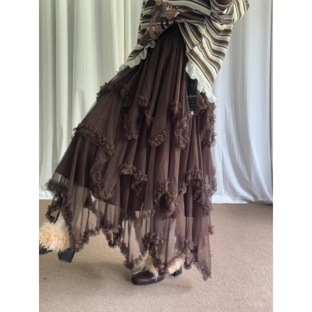 仙氣爆棚！韓系網紗仙女裙✨不規則木耳邊拼接 高腰顯瘦氣質半身裙 *3色 | kukuta-細節圖5