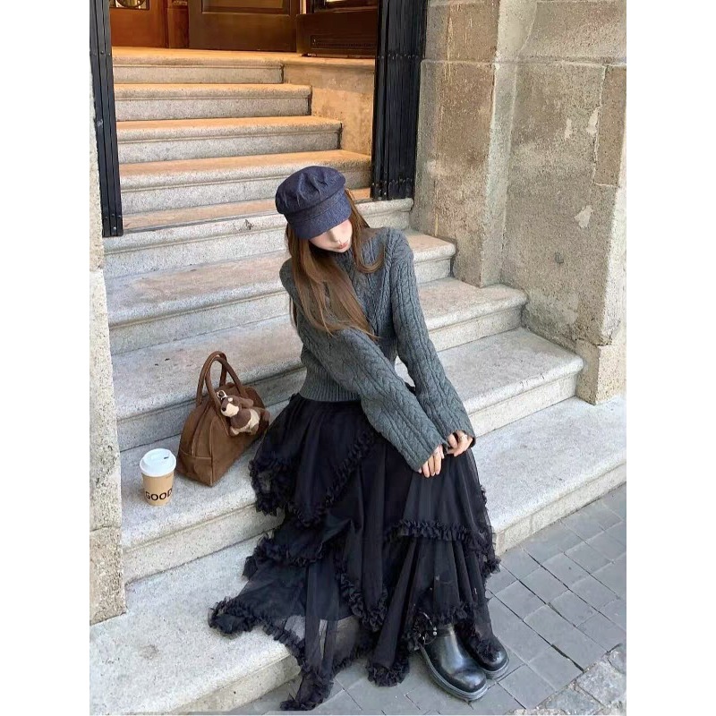 仙氣爆棚！韓系網紗仙女裙✨不規則木耳邊拼接 高腰顯瘦氣質半身裙 *3色 | kukuta-細節圖6