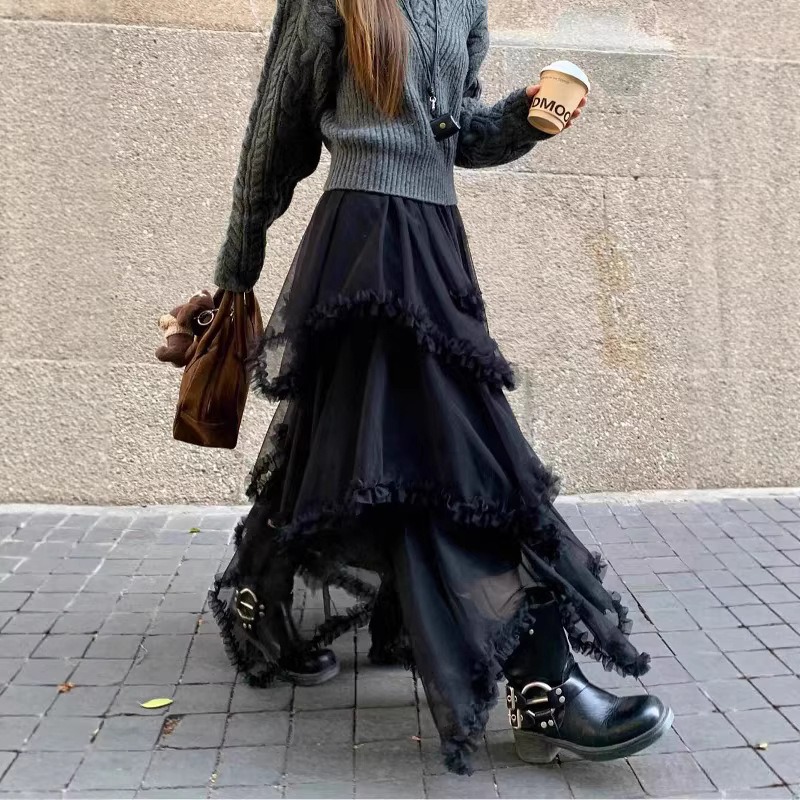 仙氣爆棚！韓系網紗仙女裙✨不規則木耳邊拼接 高腰顯瘦氣質半身裙 *3色 | kukuta-細節圖8