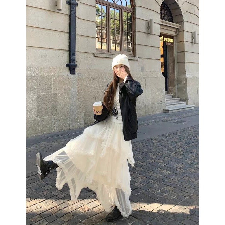 仙氣爆棚！韓系網紗仙女裙✨不規則木耳邊拼接 高腰顯瘦氣質半身裙 *3色 | kukuta-細節圖9