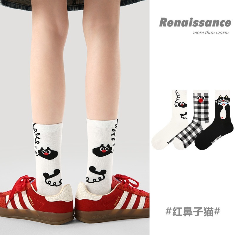 (三雙裝) 日系可愛貓咪中筒襪 黑白格子精梳棉女襪 舒適透氣學院風 *2款 | kukuta-細節圖2