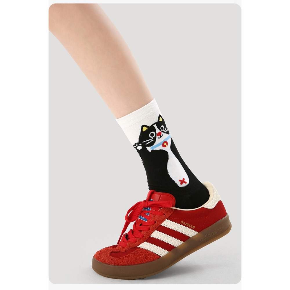 (三雙裝) 日系可愛貓咪中筒襪 黑白格子精梳棉女襪 舒適透氣學院風 *2款 | kukuta-細節圖3