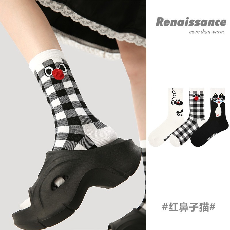 (三雙裝) 日系可愛貓咪中筒襪 黑白格子精梳棉女襪 舒適透氣學院風 *2款 | kukuta-細節圖4
