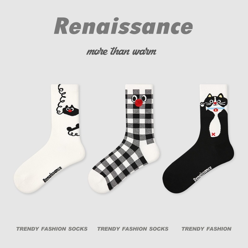 (三雙裝) 日系可愛貓咪中筒襪 黑白格子精梳棉女襪 舒適透氣學院風 *2款 | kukuta-細節圖7
