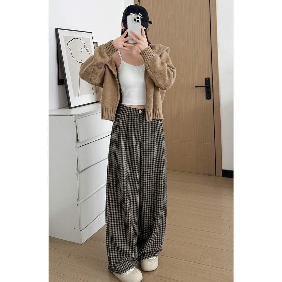 韓系慵懶格子長褲 高腰寬鬆垂感直筒褲 百搭通勤休閒褲 *3色 (S-XL) | kukuta-細節圖2