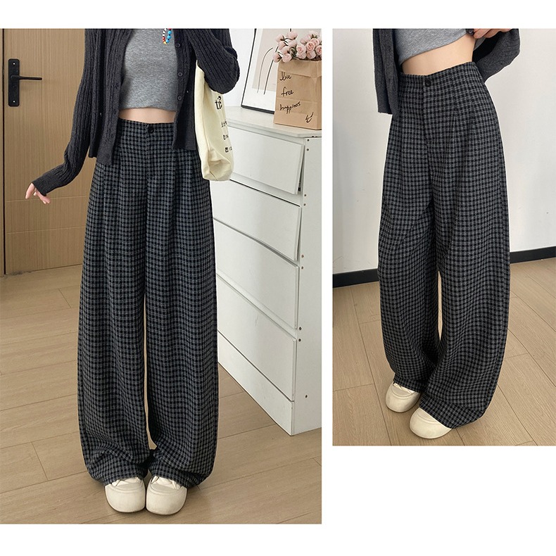 韓系慵懶格子長褲 高腰寬鬆垂感直筒褲 百搭通勤休閒褲 *3色 (S-XL) | kukuta-細節圖4