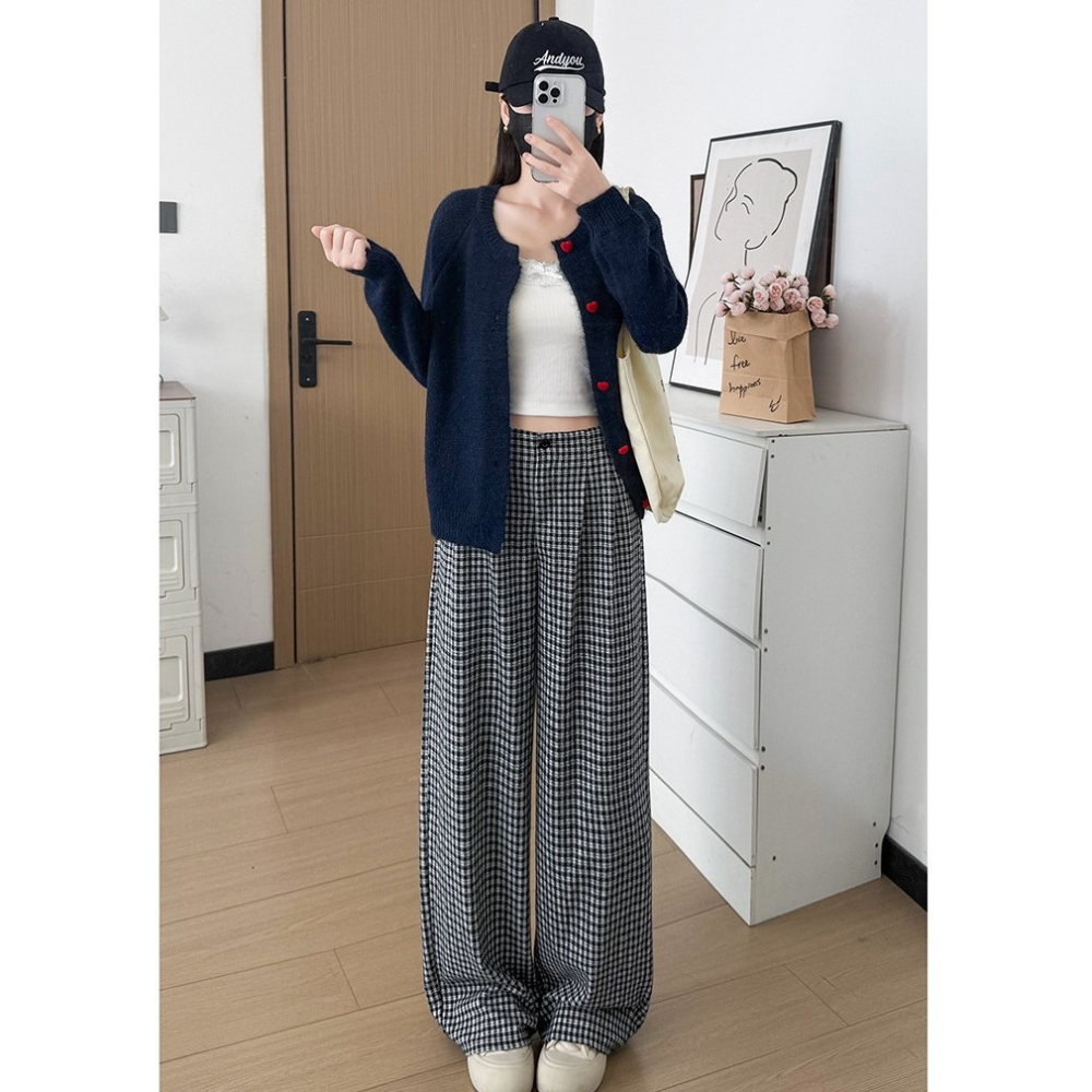 韓系慵懶格子長褲 高腰寬鬆垂感直筒褲 百搭通勤休閒褲 *3色 (S-XL) | kukuta-細節圖5