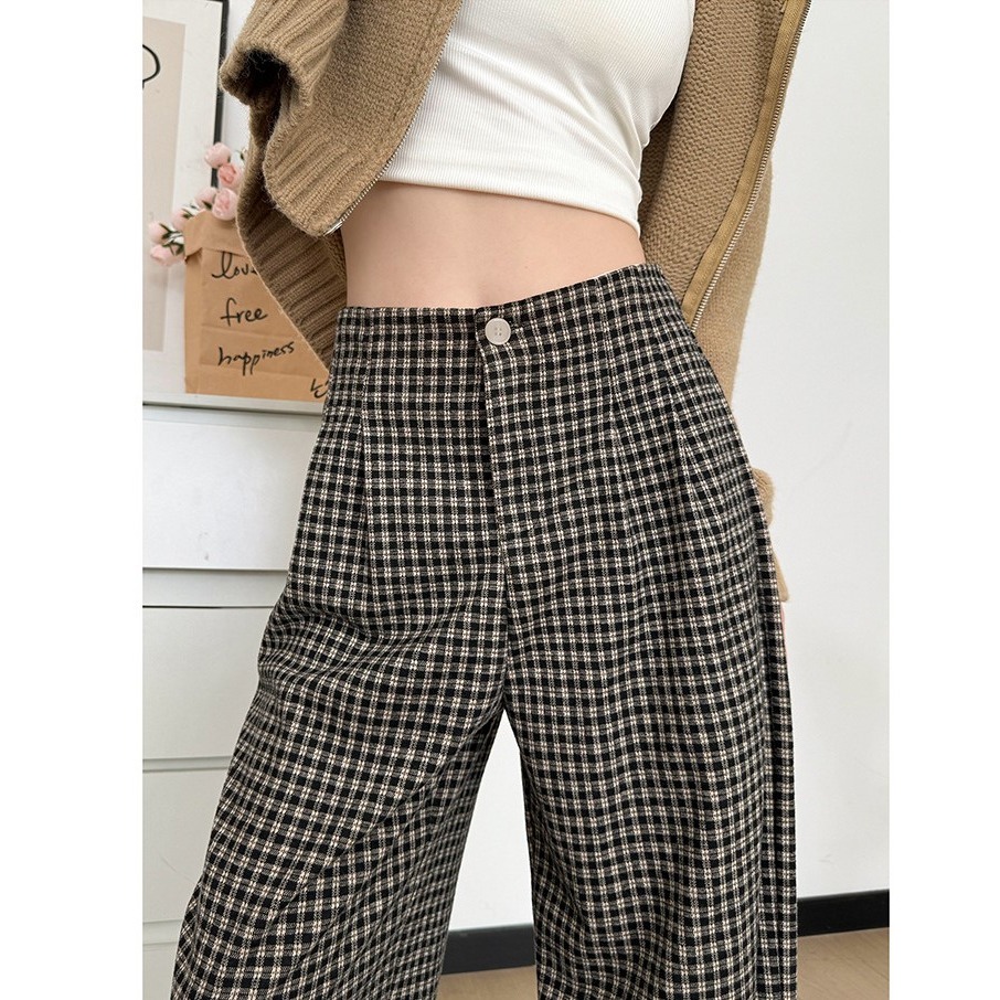 韓系慵懶格子長褲 高腰寬鬆垂感直筒褲 百搭通勤休閒褲 *3色 (S-XL) | kukuta-細節圖7