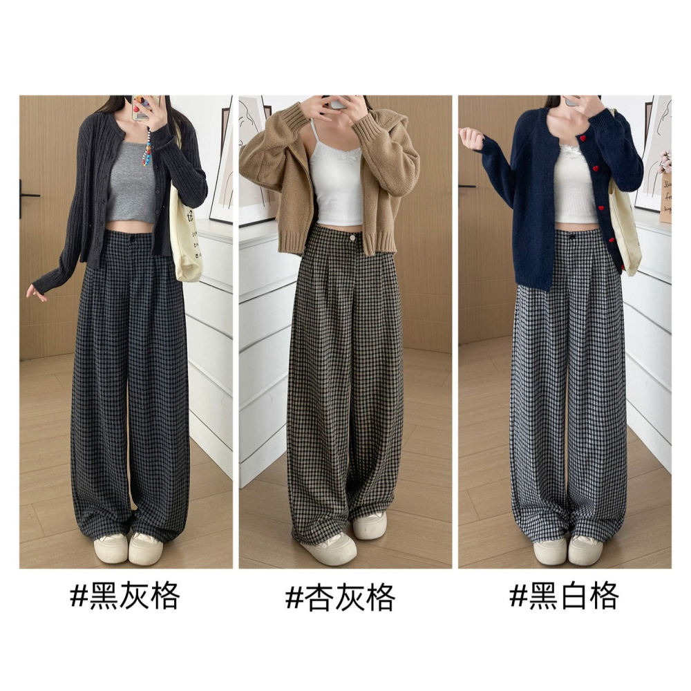 韓系慵懶格子長褲 高腰寬鬆垂感直筒褲 百搭通勤休閒褲 *3色 (S-XL) | kukuta-細節圖8