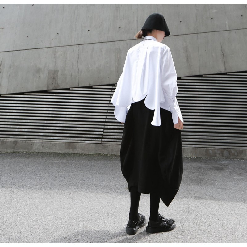 小眾設計感拼接襯衫 不規則剪裁寬鬆長袖 日系白襯衫 | kukuta-細節圖2