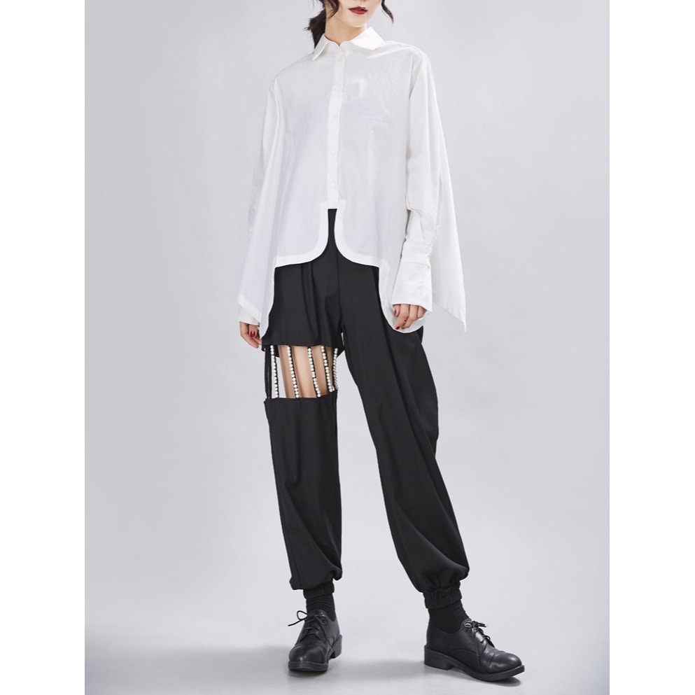 小眾設計感拼接襯衫 不規則剪裁寬鬆長袖 日系白襯衫 | kukuta-細節圖3