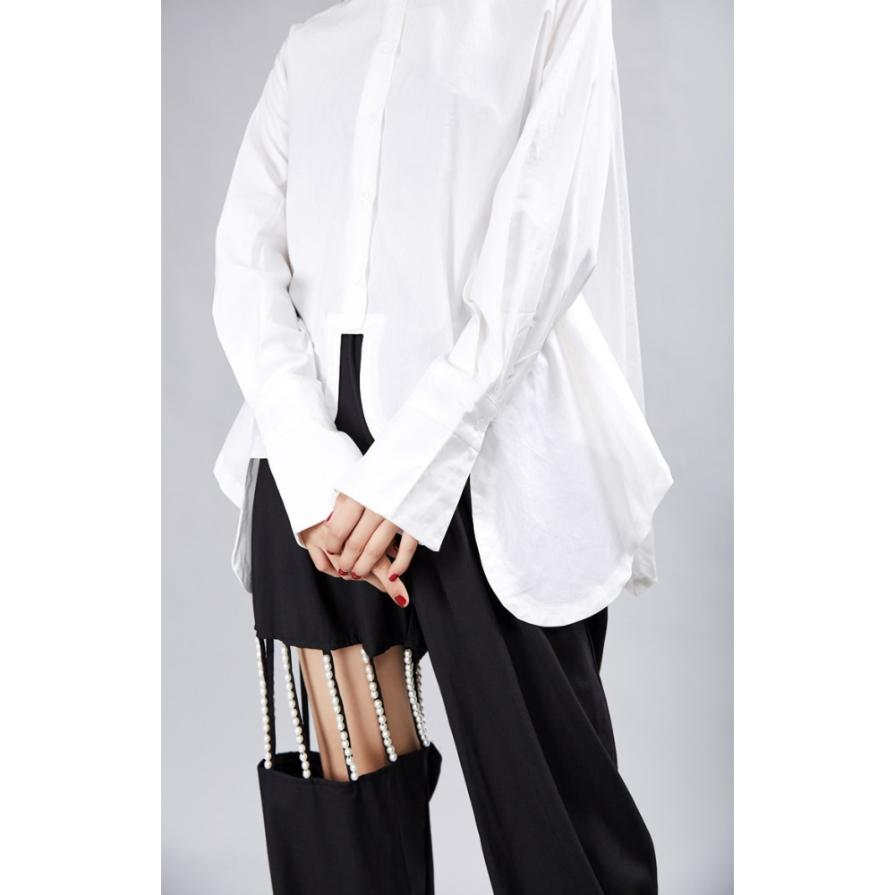 小眾設計感拼接襯衫 不規則剪裁寬鬆長袖 日系白襯衫 | kukuta-細節圖6