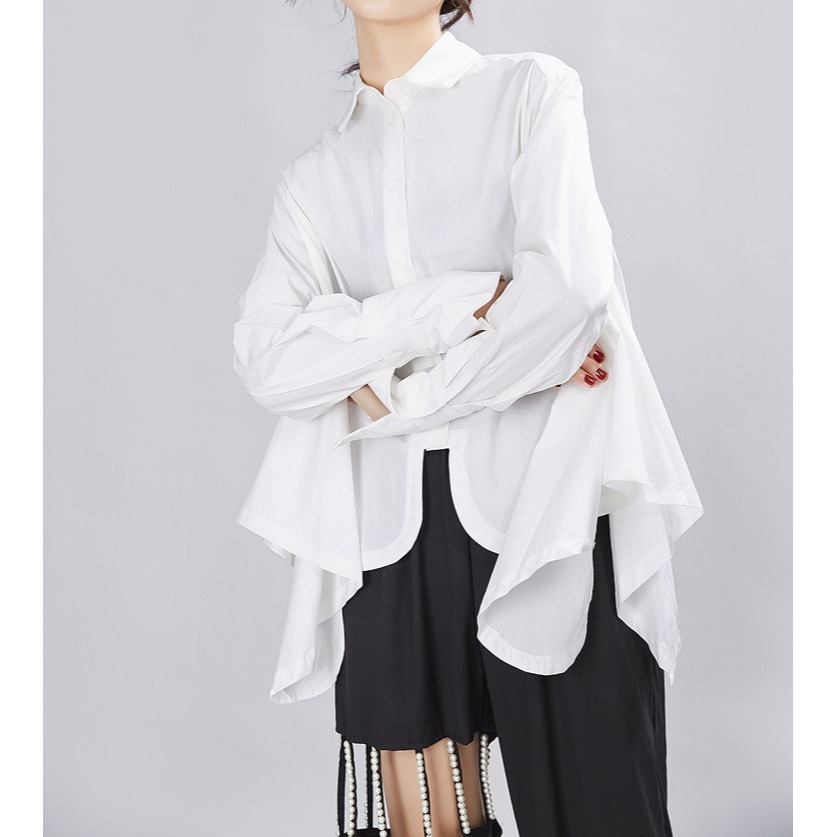 小眾設計感拼接襯衫 不規則剪裁寬鬆長袖 日系白襯衫 | kukuta-細節圖7