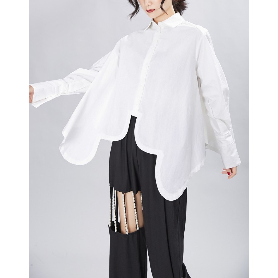 小眾設計感拼接襯衫 不規則剪裁寬鬆長袖 日系白襯衫 | kukuta-細節圖8