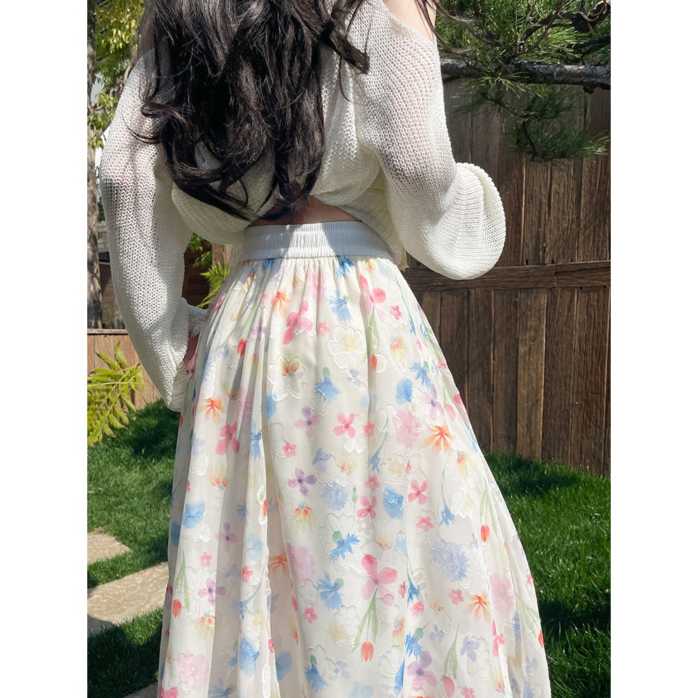 法式碎花半身裙 高腰顯瘦A字長裙 甜美花苞蓬蓬裙 | kukuta-細節圖2