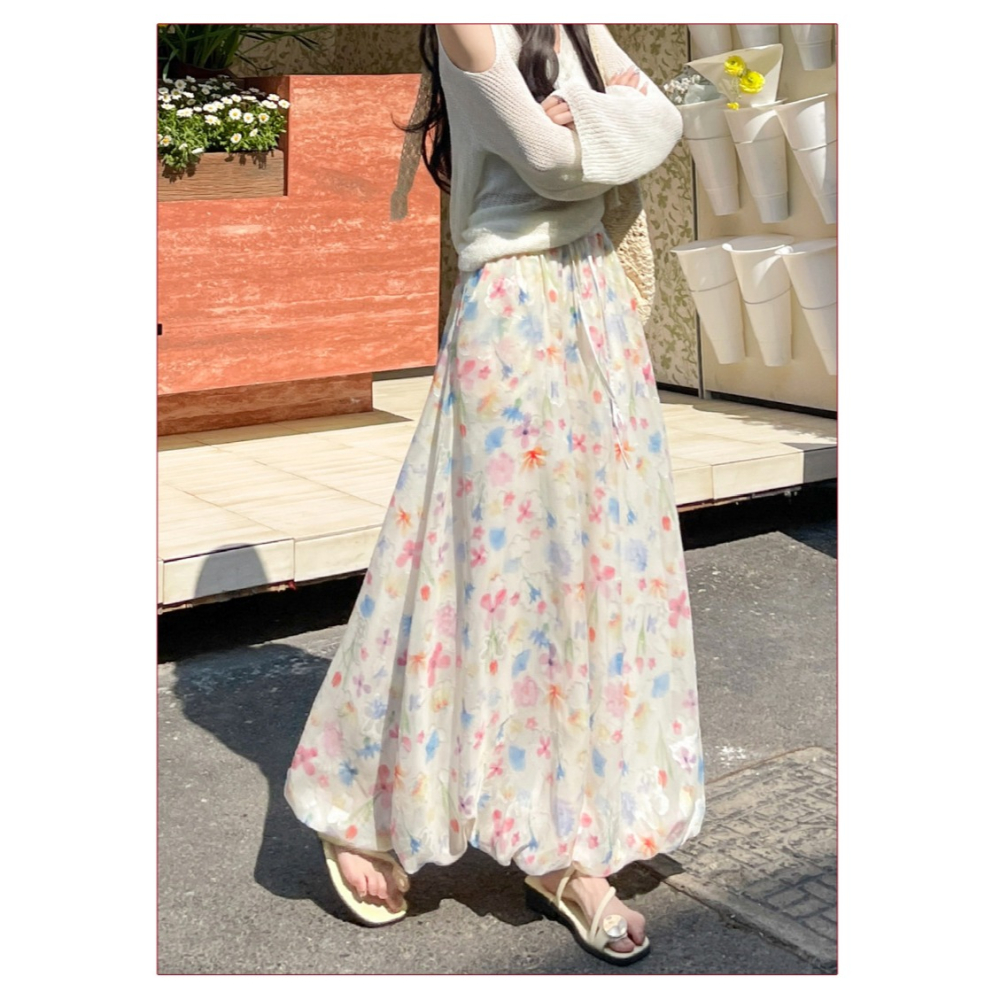 法式碎花半身裙 高腰顯瘦A字長裙 甜美花苞蓬蓬裙 | kukuta-細節圖3