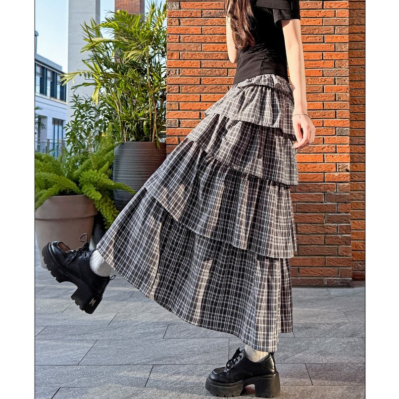 復古格子蛋糕裙 春夏新款高腰顯瘦A字蓬蓬裙 小眾設計半身裙 *2色 (S-XL) | kukuta-細節圖3