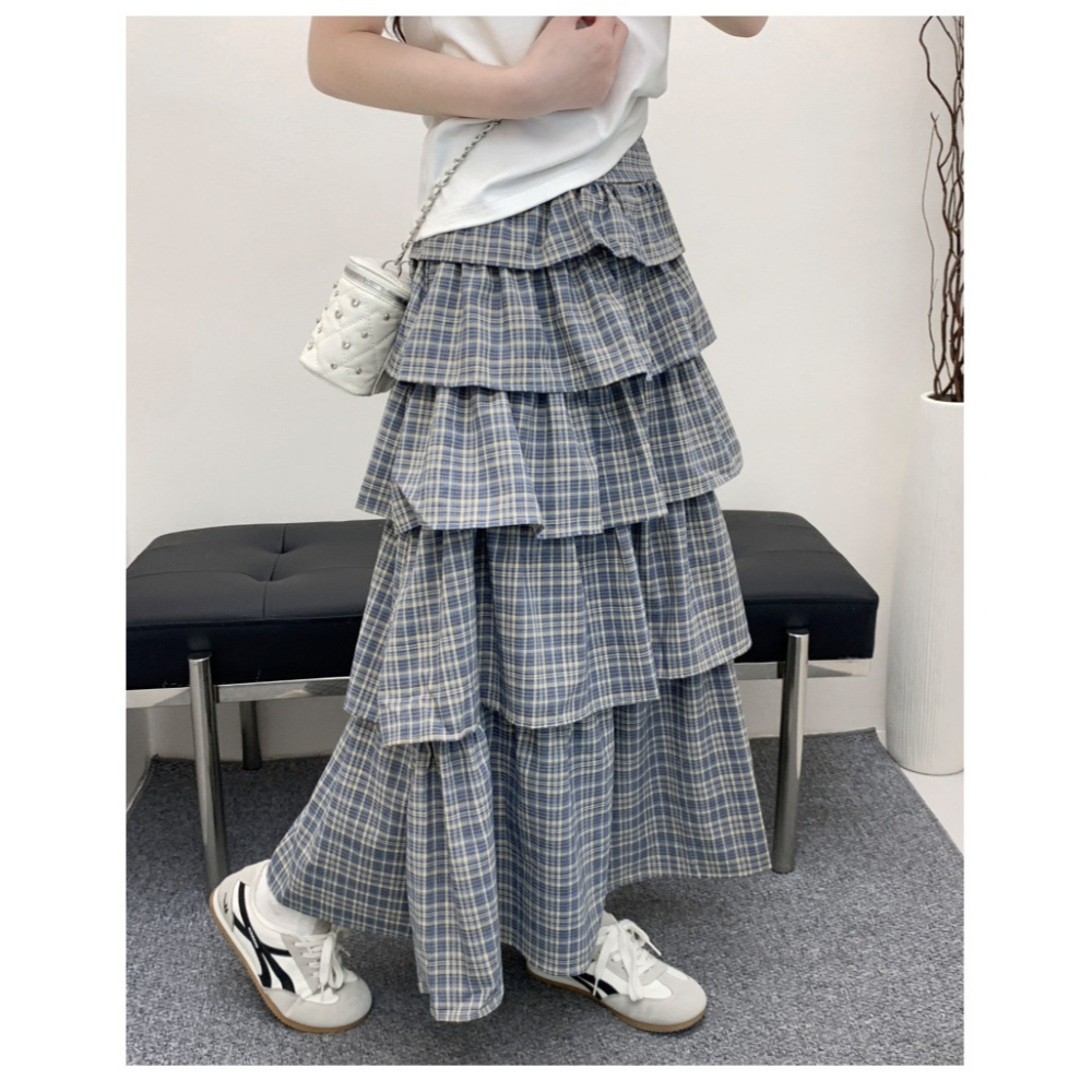 復古格子蛋糕裙 春夏新款高腰顯瘦A字蓬蓬裙 小眾設計半身裙 *2色 (S-XL) | kukuta-細節圖4