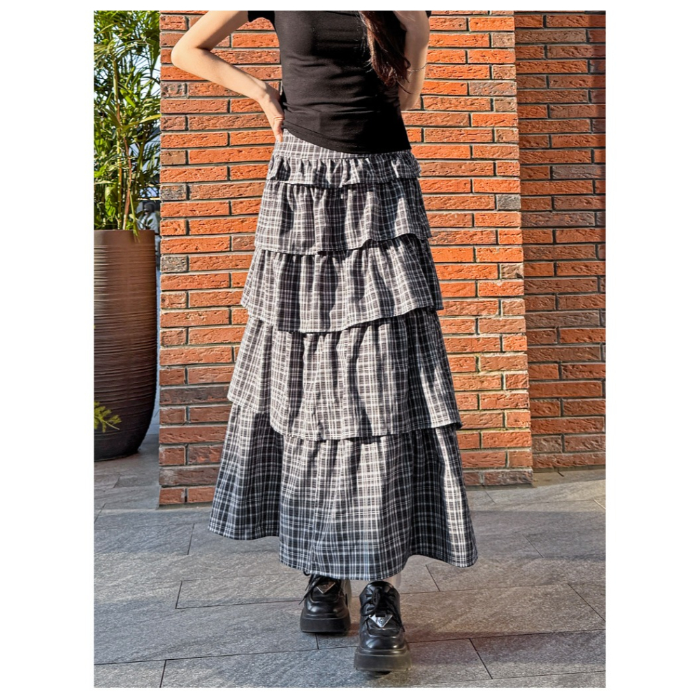 復古格子蛋糕裙 春夏新款高腰顯瘦A字蓬蓬裙 小眾設計半身裙 *2色 (S-XL) | kukuta-細節圖5