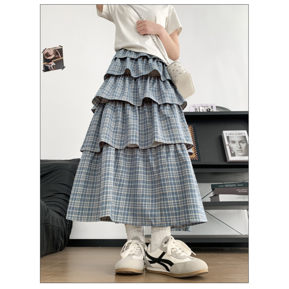 復古格子蛋糕裙 春夏新款高腰顯瘦A字蓬蓬裙 小眾設計半身裙 *2色 (S-XL) | kukuta-細節圖6