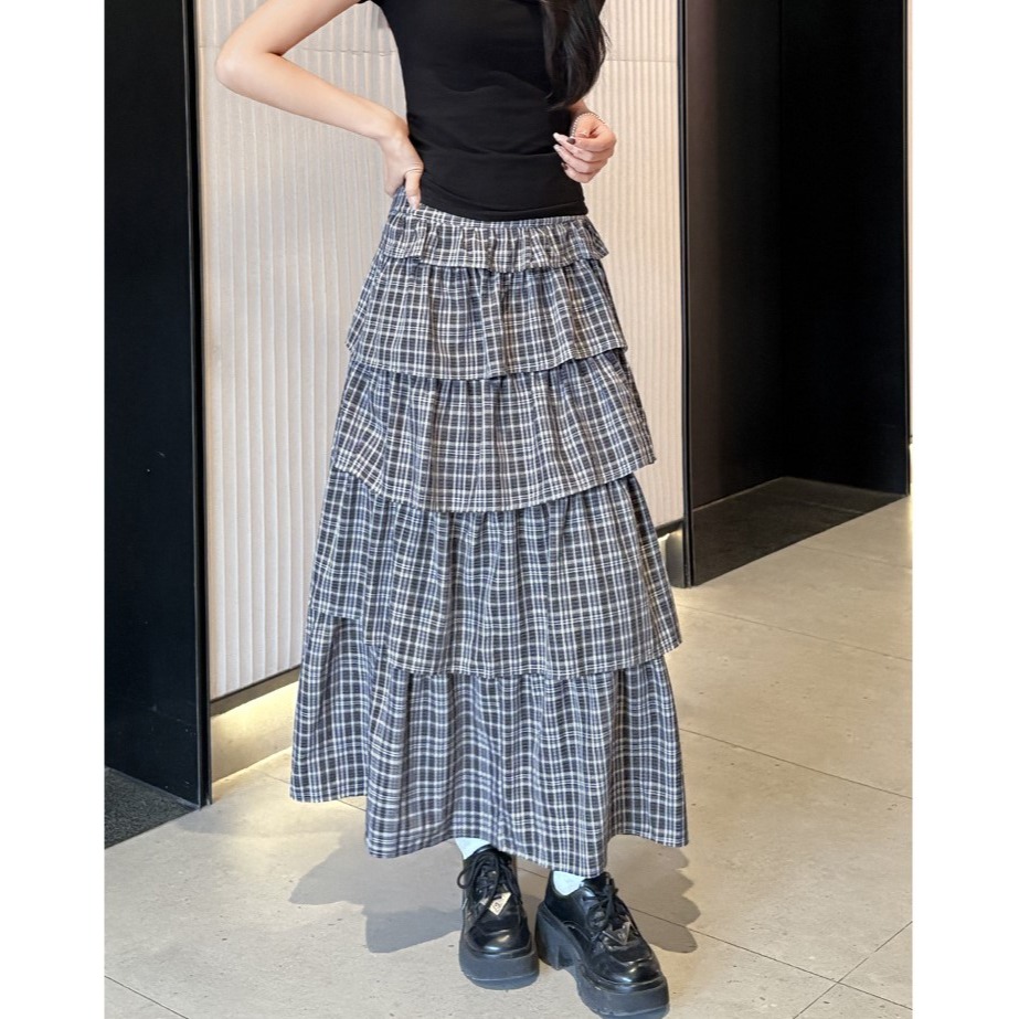 復古格子蛋糕裙 春夏新款高腰顯瘦A字蓬蓬裙 小眾設計半身裙 *2色 (S-XL) | kukuta-細節圖7