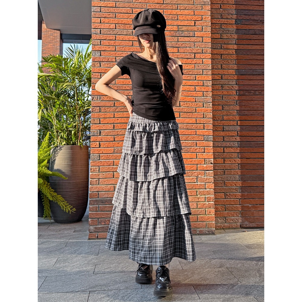 復古格子蛋糕裙 春夏新款高腰顯瘦A字蓬蓬裙 小眾設計半身裙 *2色 (S-XL) | kukuta-細節圖8