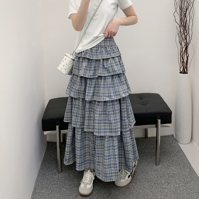復古格子蛋糕裙 春夏新款高腰顯瘦A字蓬蓬裙 小眾設計半身裙 *2色 (S-XL) | kukuta-細節圖9