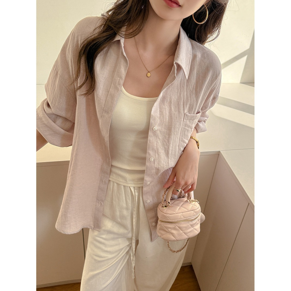 百搭亞麻防曬襯衫 夏季薄款長袖外套 純色寬鬆上衣 *6色 | kukuta-細節圖2