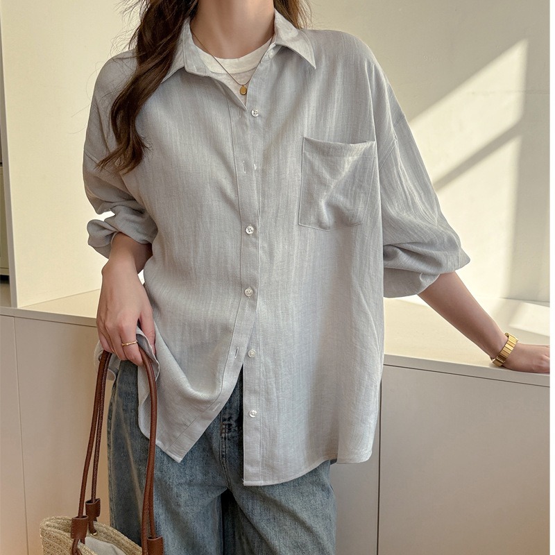 百搭亞麻防曬襯衫 夏季薄款長袖外套 純色寬鬆上衣 *6色 | kukuta-細節圖3