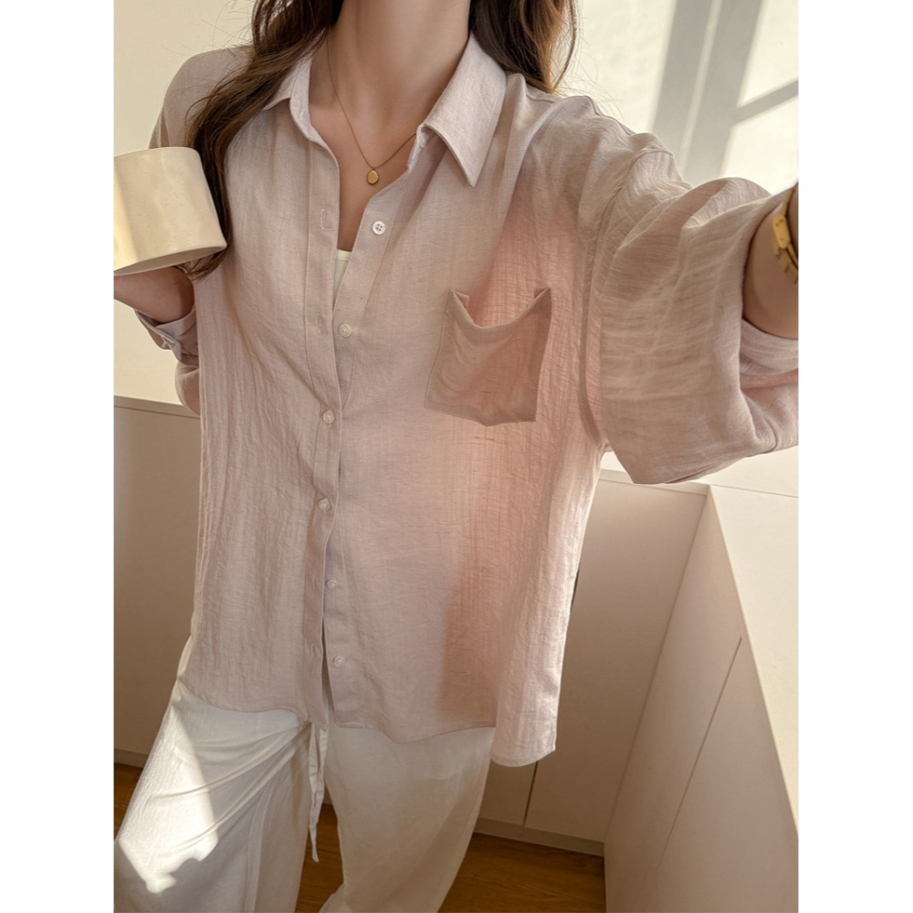 百搭亞麻防曬襯衫 夏季薄款長袖外套 純色寬鬆上衣 *6色 | kukuta-細節圖4