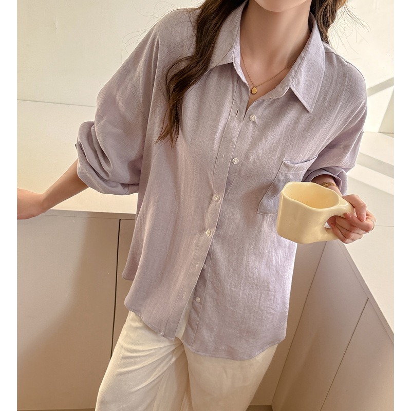 百搭亞麻防曬襯衫 夏季薄款長袖外套 純色寬鬆上衣 *6色 | kukuta-細節圖5