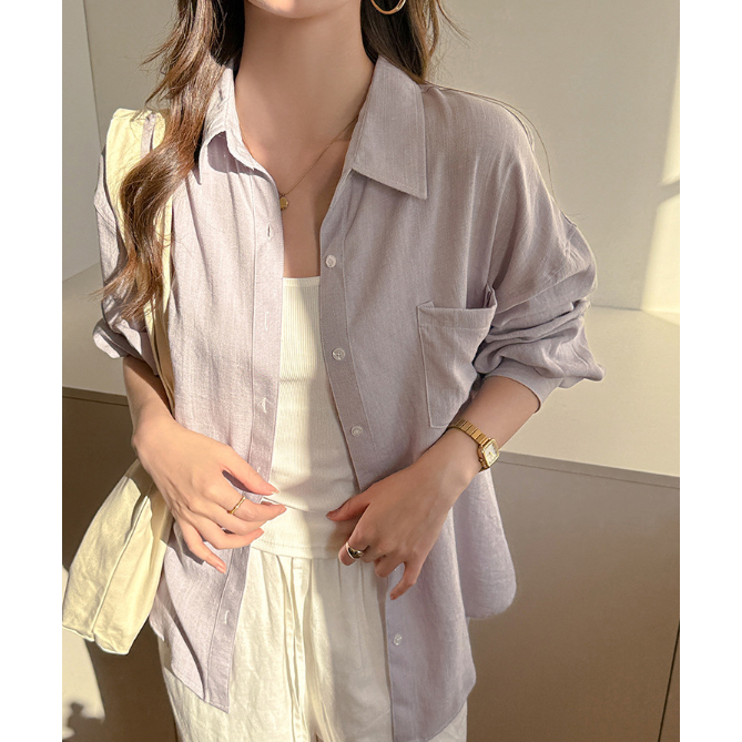 百搭亞麻防曬襯衫 夏季薄款長袖外套 純色寬鬆上衣 *6色 | kukuta-細節圖8