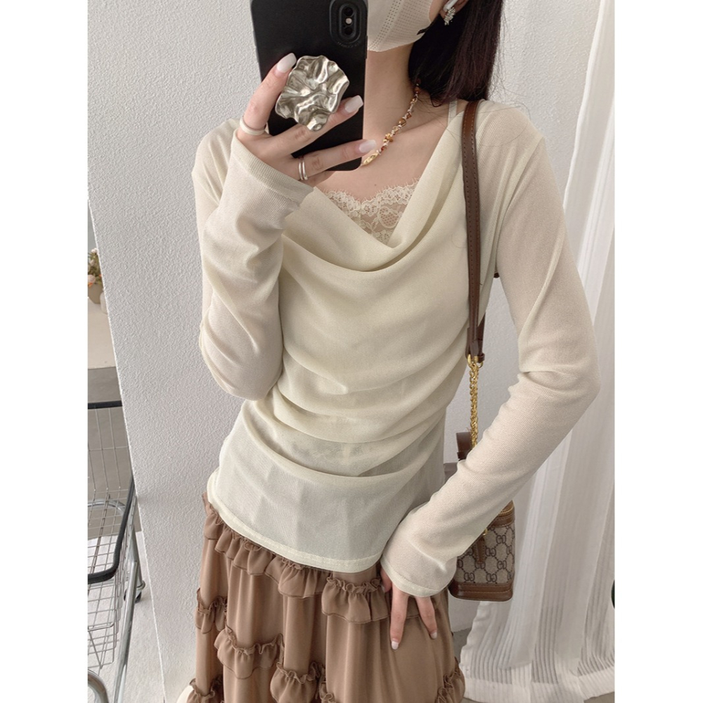 設計感扎染假兩件上衣 不規則蕾絲拼接 溫柔風長袖女上衣*3色 | kukuta-細節圖2