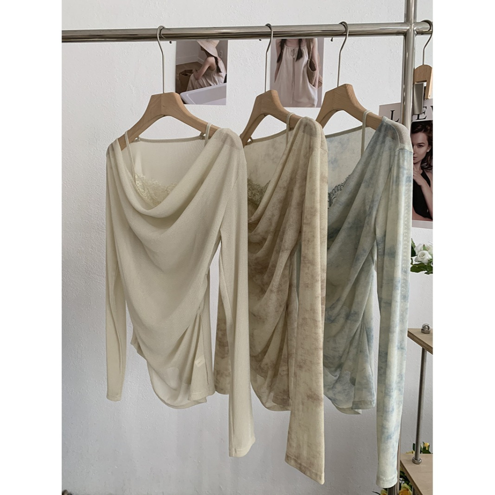 設計感扎染假兩件上衣 不規則蕾絲拼接 溫柔風長袖女上衣*3色 | kukuta-細節圖3