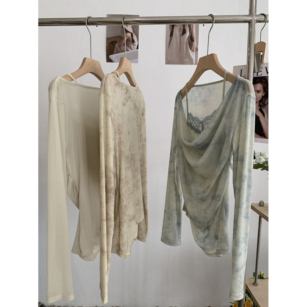 設計感扎染假兩件上衣 不規則蕾絲拼接 溫柔風長袖女上衣*3色 | kukuta-細節圖4