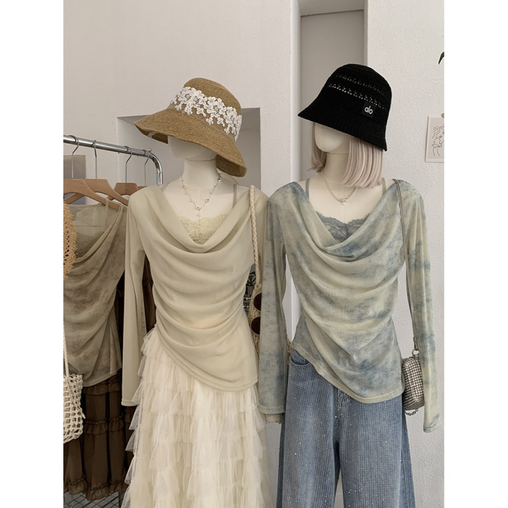 設計感扎染假兩件上衣 不規則蕾絲拼接 溫柔風長袖女上衣*3色 | kukuta-細節圖5