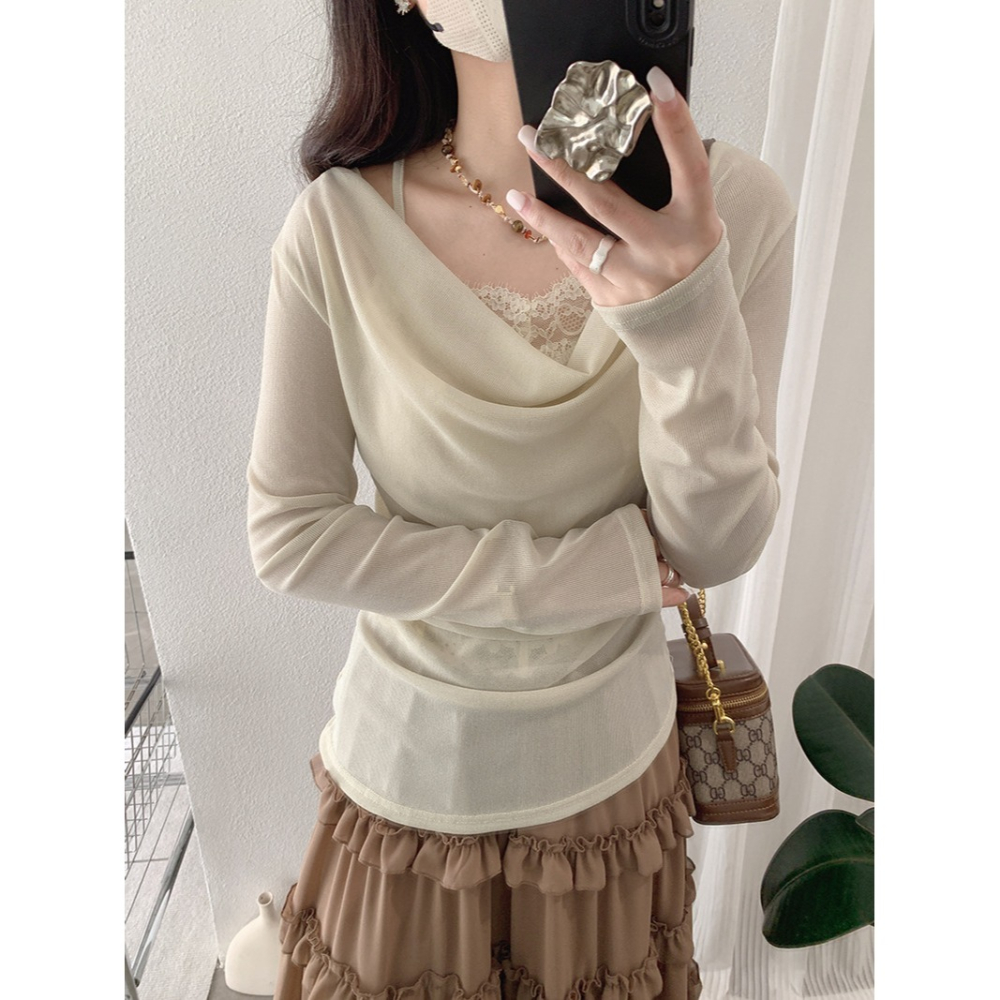 設計感扎染假兩件上衣 不規則蕾絲拼接 溫柔風長袖女上衣*3色 | kukuta-細節圖6